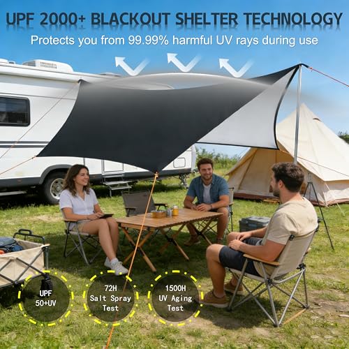 Camping Tent Tarp with Thickened Stainless Steel Bracket - PU 20000mm+ Waterproof Rain Shelter, UPF2000+ Anti-UV Camping Canopy, Portable Sun Shade for Camping, Hiking, Picnic