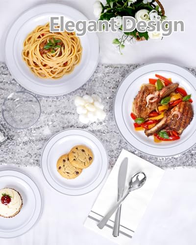 GATHER 700PCS Silver Plastic Plates - Silver Disposable Dinnerware Sets 100 Guest Include 200 Plates, 300 Silverware, 100 Napkins, 100 Cups For Wedding & Party - color: Silver, size: 100 Guests
