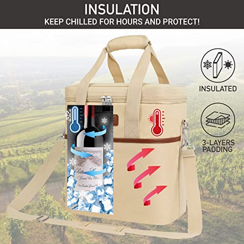 Opux 6 Bottle Carrier Tote | Insulated Padded Cooler Bag for Travel, Picnic, BYOB | Portable Leakproof Wine Tote for Dinner, Party, Christmas, Gift for Women, Men (Cream Beige) - color: Cream Beige, size: 6 Bottle