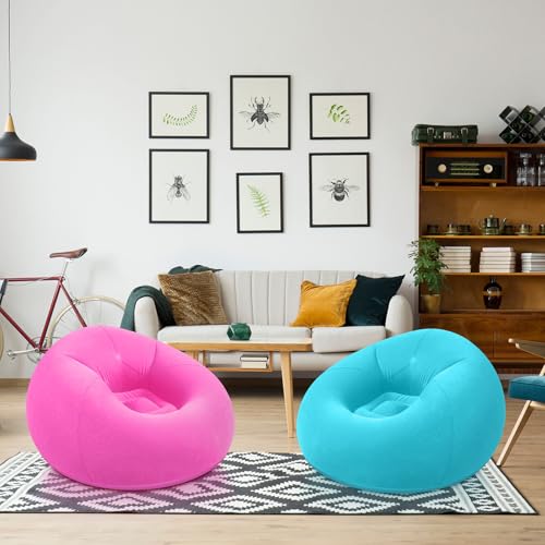 Realspring Inflatable Bean Bag Chairs Outdoor Blow up Camping Chairs Inflatable Lazy Sofa Folding Portable Bean Bag Loungers Couch for Movie Night(Pink,Lake Blue,2 Pcs) - color: Pink,lake Blue