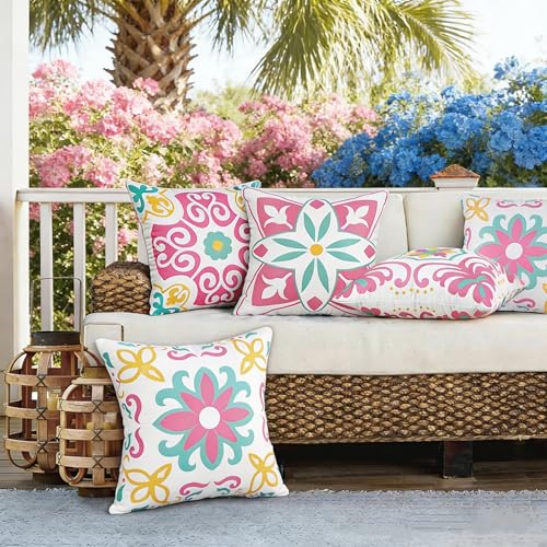 Pyonic Spring Summer Outdoor Pillows Waterproof Throw Pillow Covers Set of 4 Pink Green Floral Printed and Boho Farmhouse Outdoor Pillow Covers for Patio Funiture Garden 18x18 Inch - color: Pink, size: 18" x 18" (Pack of 4)