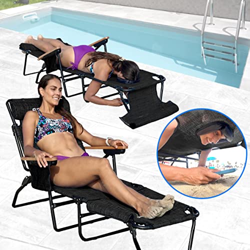 EASYGO PRODUCTS FLIP Face Down Tanning Chaise Lounge Chair with Face & Arm Holes - 4 Legs Support - Textilene Material - 6 Position - Arm Head Rest Pillow - Beach or Home Use - color: Flip Black