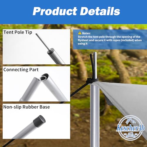 Tent Poles for Tarp, KescherAb Adjustable Tarp Poles Aluminium Tarp Poles Set of 2 for Tent Fly, Awning, Outdoor Camping, Hiking, Backpacking & Rainfly with Pegs & Reflective Ropes, Grey - color: Gray