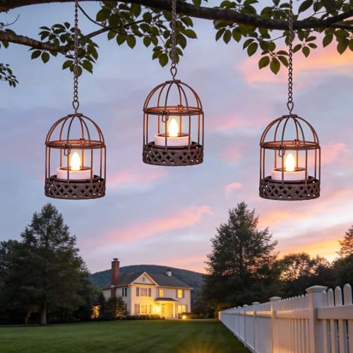 Solar-Hanging-Lanterns-Outdoor-Waterproof, Rust Birdcage Style Candle Holders with Flickering Solar Tea Lights for Backyard Patio Garden Fence Tree Decoration (3)