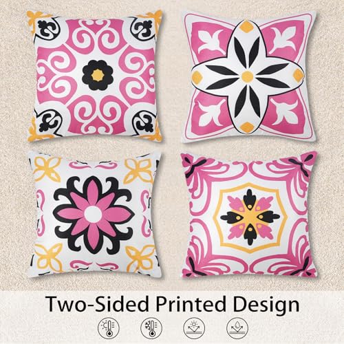 Pyonic Black Hot Pink Outdoor Pillows Waterproof Throw Pillow Covers Set of 4 Floral Printed and Boho Farmhouse Outdoor Pillow Covers for Patio Funiture Garden 18x18 Inch - color: Black Pink, size: 18" x 18" (Pack of 4)