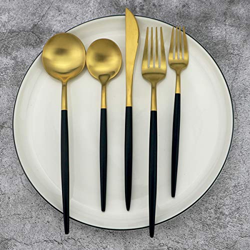 20-Piece 18/10 Stainless Steel Flatware Silverware, Luxury Dinnerware Set Travel Cutlery Tableware Include Knife Fork Spoon Service for 4, Dishwasher Safe (Black Handle Matte Gold) - color: Black Handle Gold, size: Service for 4