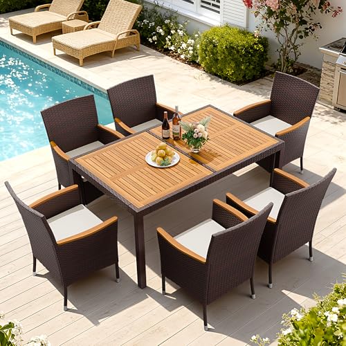 Devoko Dining 7 PCS Furniture, Patio Conversation Set with Acacia Wood Table Top, Outdoor, Beige Cushion and Brown Rattan - color: Brown, style: 7 Piece Dining Set