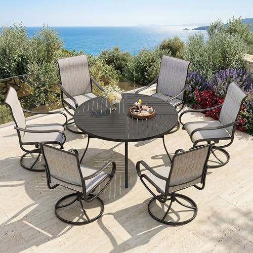 PHI VILLA 7 Piece Outdoor Patio Dining Set with 6 Swivel Dining Chairs & 1 Large Round Dining Table, Gray Textilene Mesh Fabric Chair and 54" Metal Table for All Weather - color: Grey Fabric, size: 54" Dia x 28"H-7 Piece-Metal