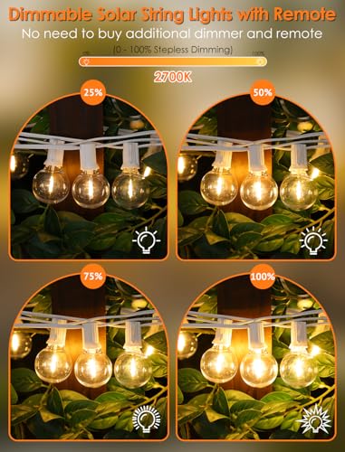 Larkvue 50FT(2x25FT) Solar String Lights Outdoor with Remote, Waterproof Dimmable 3 Modes Patio Lights with 20+2 LED G40 Bulbs for Party Bistro-White - color: White