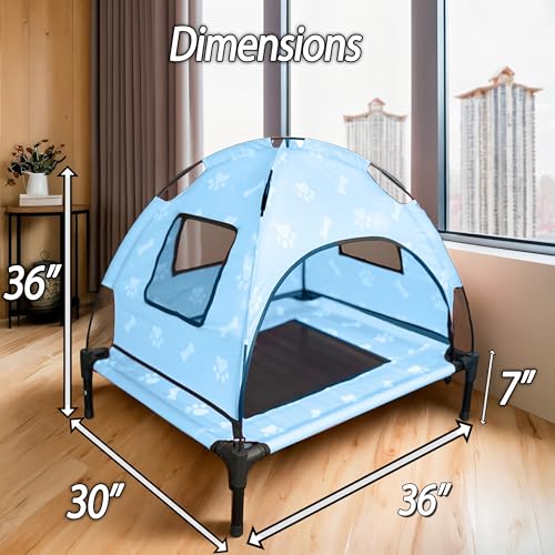Elevated Covered Dog Bed - 36" x 36" x 30" - Dog Shade Canopy Lounger for Small & Large Dogs (Up to 110 lbs) - Portable & Durable - Cooling, UV & Water Resistant with Mesh Windows - Pastel Blue - color: Pastel Blue