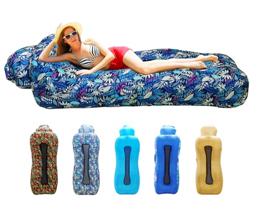 Inflatable Couch, Inflatable Lounger Air Sofa | No-Pump Blow Up Couch | Ergonomic Design, Air Couches Outdoor for Camping & Park & Beach, Upgrade Your Camping Accessories - color: Blue Leaf, style: Standard - No Sunshade
