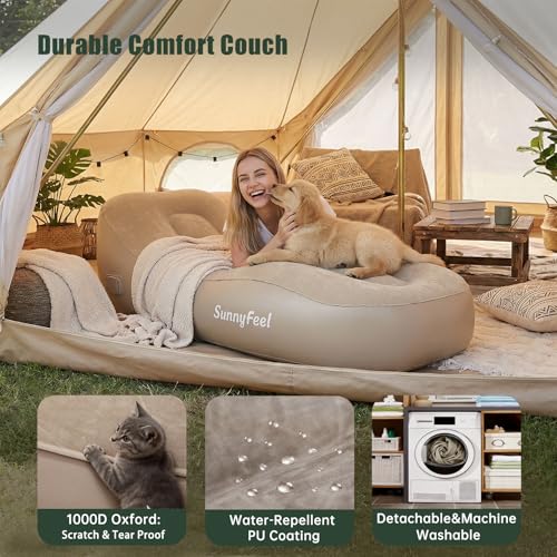 SUNNYFEEL Inflatable Lounge Chair with Built-in Pump, Heavy Duty PVC Flocked Inflatable Sofa for Adults, Portable Air Lounger for Camping, Beach, Home & Outdoor,Beige - color: Beige