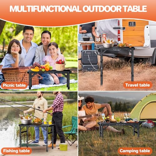 FUNYKICH Camping Table with Waterproof Plastic Tabletop 22.8''x15.7'', 3 Height Adjustable Small Folding Table, Lightweight Portable Picnic Table with Carry Handle for Picnic, Beach, Travel, Black - color: Black
