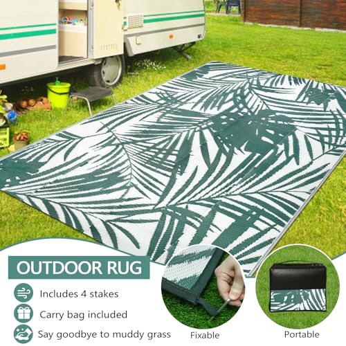famibay Tropical RV Outdoor Rug All Weather Reversible Patio Rugs Outdoor 8x10 Waterproof Plastic Camping Rug Tropical Outdoor Rugs for Patio Deck Canping (Green) - color: Green & White, size: 8' x 10'