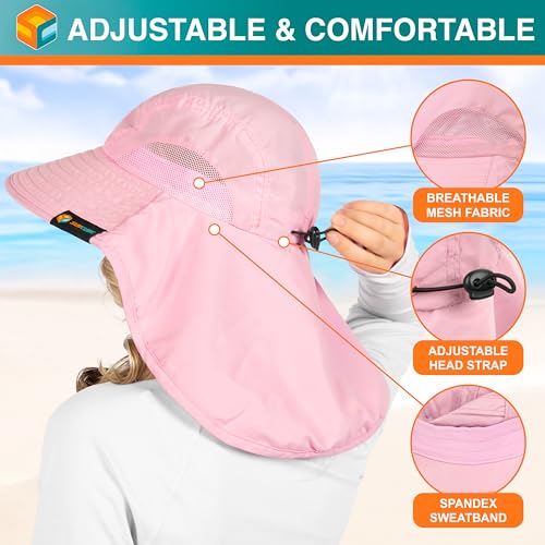 SUN CUBE Wide Brim Sun Hat with Neck Flap, UPF50+ Hiking Safari Fishing Hat for Men Women, Sun Protection Beach Hat - color: Pink