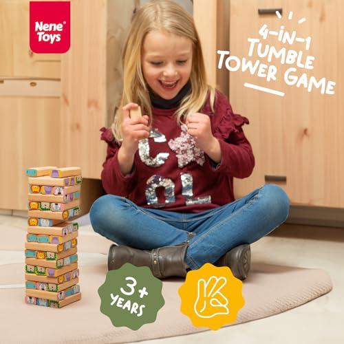 Nene Toys Wooden Block Stacking Game – 4-in-1 Tumble Tower Family Board Game with Building Blocks, Cards and Dice – African Safari Educational Wooden Toy for Kids 3-9 Years Old About Animals - style: Safari