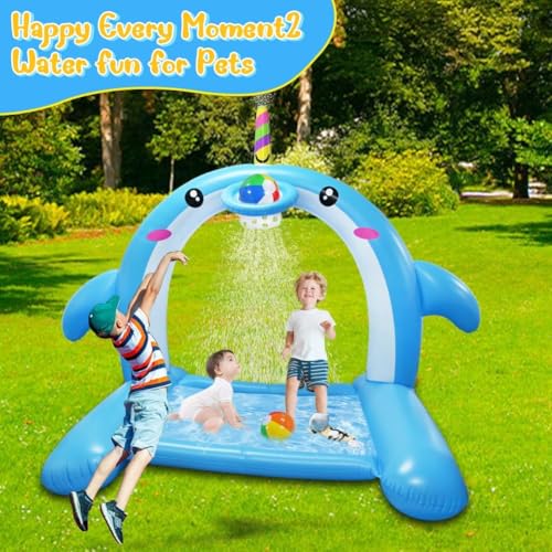 8.7FT Inflatable Whale Sprinkler Water Toys with Basketball Hoop Arch, 3-in-1 Large Splash Pad for Kids & Dogs, 16 LED Lights, Thickened Mat Toys for Outdoor Backyard & Garden Summer Fun - size: 105"