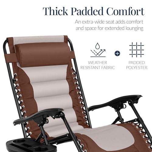 Best Choice Products Oversized Padded Zero Gravity Chair, Folding Outdoor Patio Recliner, XL Anti Gravity Lounger for Backyard w/Headrest, Cup Holder, Side Tray, Polyester Mesh - Brown/Oyster - color: Brown/Oyster