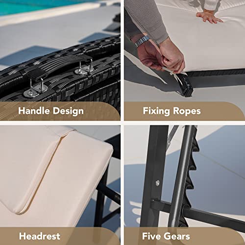 Devoko Patio Chaise Lounge Sets Outdoor Rattan Adjustable Back 3 Pieces Cushioned Patio Folding Chaise Lounge with Folding Table (Beige) - color: Beige