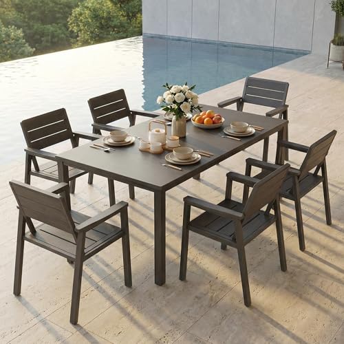 7 Piece Patio Dining Set for 6, Outdoor HDPE Table and Chairs with Umbrella Hole, All Weather Outdoor Furniture for Backyard, Deck, Lawn, Poolside, Grey - color: Grey