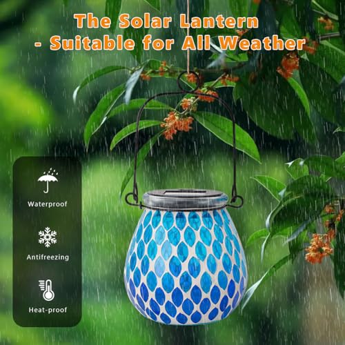 Starsoul 2 Pack Solar Lanterns Outdoor Waterproof, Elegant Blue Glass Mosaic Solar Lantern, Solar Hanging Lights Outside Patio Porch Yard Decor - color: Navy-2PC
