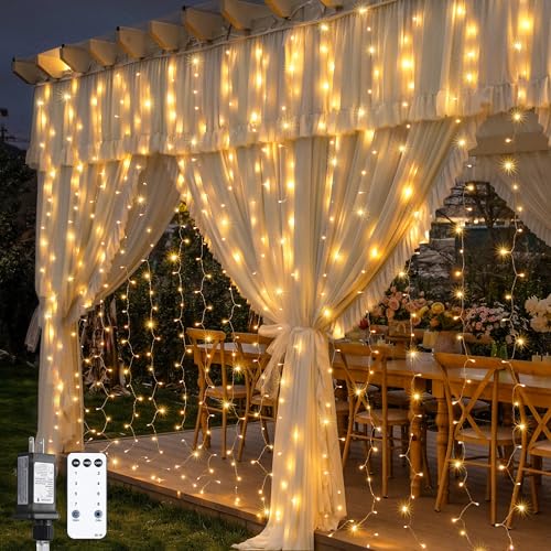JMEXSUSS 600 LED Curtain Lights Outdoor, 9.5ft x 19.6ft Window Hanging Lights with Remote, Plug in, 8 Modes, Indoor String Lights for Bedroom, Wall, Xmas, Party, Backdrop, Wedding Decor, Warm White - color: *Warm White, size: 600 LED