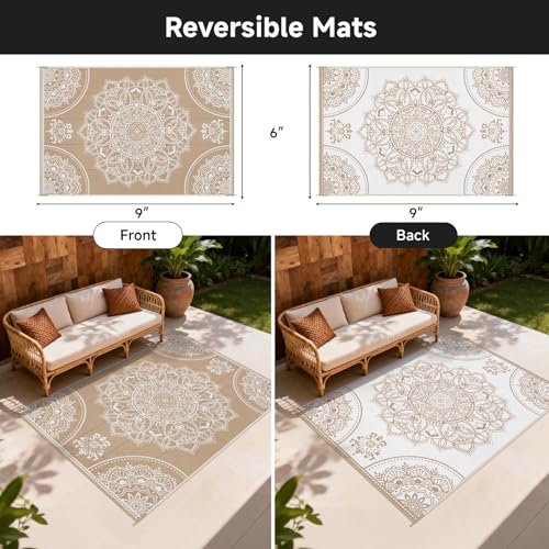 Pauwer Waterproof Outdoor Rug 6x9, Reversible Plastic Straw Patio Camping Rug, Indoor Outdoor RV Mat Carpet for Deck, Camper, Porch, Balcony, Backyard, Picnic, Floral Brown - color: Floral Brown, size: 6' x 9' (Rectangular)