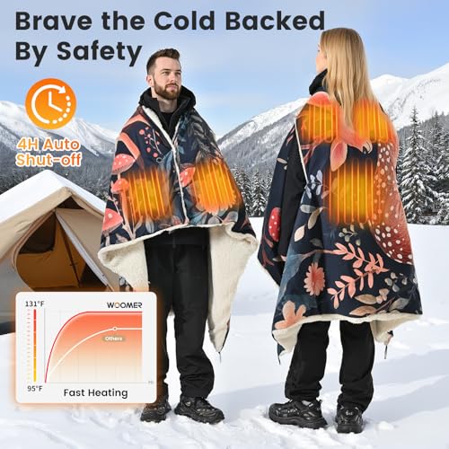 WOOMER Wearable Heated Blanket Battery Operated 50x70 Inches, 15000mAh Cordless Rechargeable Electric Throw Blanket with 3 Heat Settings, Waterproof Portable Heating Blanket for Outdoor Camping Travel