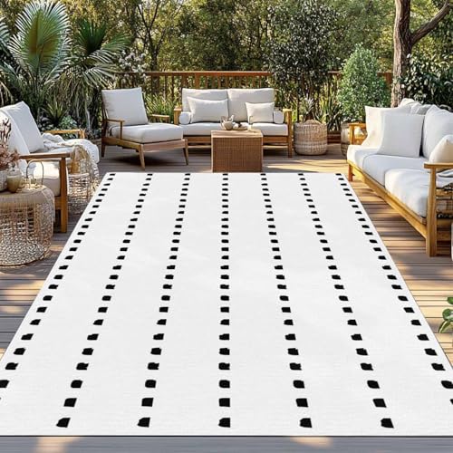 Outdoor Rug, Boho Black Geometric Dots on White Indoor Area Rug Outdoor Carpet RV Camping Rugs 5x8ft Modern Simplistic Style Outside Mat for Patio Picnic Porch Deck Balcony Backyard - size: 5' x 8' (Rectangular)