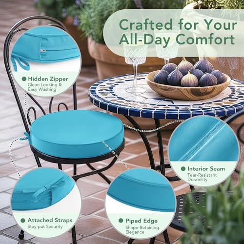 Summsun Outdoor Bistro Chair Cushions Set of 4, 15" D x 3" H Round Chair Cushions Waterproof and Fade Resistant Chair Cushion Pads with Non-Slip Ties and Removable Covers for Garden, Teal - color: Teal, size: 15x3 Inch (Round)-4p