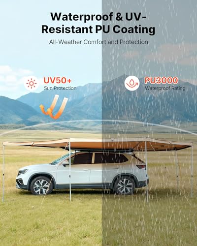 VEVOR 270 Degree Awning with Bulit-in LED Lights, 117 sq.ft Driver Side Vehicle Awning, Waterproof UV50+ Car Side Awnings, All-Weather Free-Standing Overland Awnings Car Shelter for SUV Truck Camping - color: Khaki 270° 18.7*6.4ft Car Awning with LED