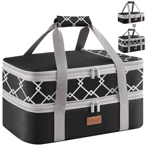 Lifewit Insulated Double Decker Casserole Carrier, Expandable Lasagna Lugger Tote Bag for Hot or Cold Food, Fits 9" x 13" Baking Dish for Potluck Parties, Picnic and Cookouts, Black-Geometric - color: Black-Geometric