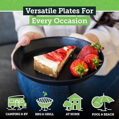 Grow Forward Premium Wheat Straw Plates - 8 Inch Reusable Hard Plastic Dinner Plates Set of 8 - Unbreakable Microwave Safe Plates for Dessert, Camping, RV, Outdoors, Patio, Kitchen Dishes - Midnight - color: Midnight Black, size: 8 inch