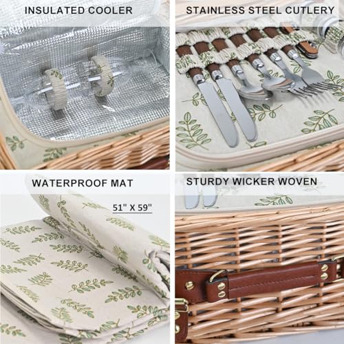 Multifunctional Wicker Picnic Basket Set for 2 with Blanket and Picnic Table, Insulated Picnic Set with Full Tablewares for Camping Outdoor Couples,Leaf - color: Leaf With Blanket &Table for 2