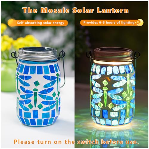 Starsoul Solar Hanging Lanterns Outdoor Waterproof, Mosaic Dragonfly Decor Glass Solar Outdoor Lights, Decorative Solar Lantern for Outside Pathway Patio Porch Yard Decor - color: Dragonfly