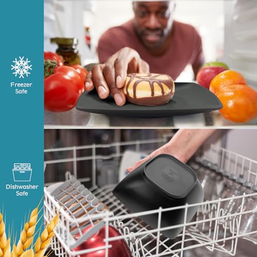 Teivio 88-piece With Flatware Plastic Kitchen Wheat Straw Square Dinnerware Set for 8, Unbreakable Dinner/Salad/Appetizer Plates, Snack Bowls, Dipping Sauce Cups,Tumblers, Dishwasher Safe Dish,Black ﻿ - color: Black