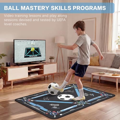2F22E Soccer Training Mat for Kids & Youth, Non-Slip Silent Footwork Training Equipment with Soccer Bounce Trainer & Socks, Ball Mastery Skills Mat with Instructional Video for Indoor Practice - color: Blue