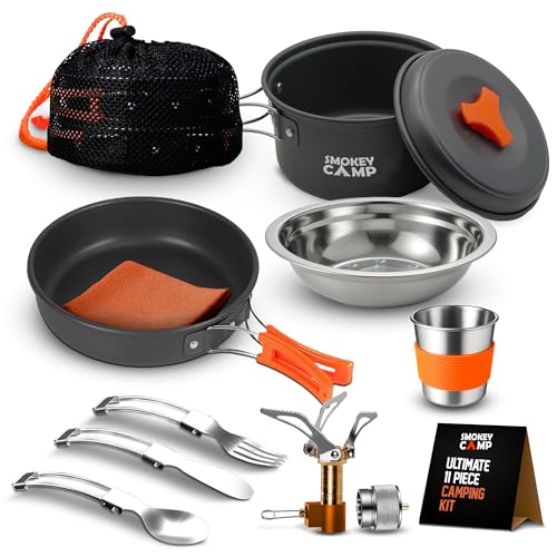 Smokey Camp Camping Cookware Mess Kit Set with Stove - Backpacking Camping Pots and Pans Set, All in One Non-Stick Camping Cooking Set, Portable Stove, Hiking, Picnic, Outdoor & Camping Cookware Set - style: 1.2 Liter Pot