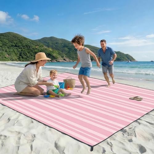 OIGAE Family Beach Blanket, 7×8 ft Sand-Free Picnic Mat for 1–4 People, Quick-Dry Lightweight Outdoor Blanket with Stakes & Corner Pockets, Pink Stripe - color: Pink Stripe, size: 7x8 Ft (2～5 person)