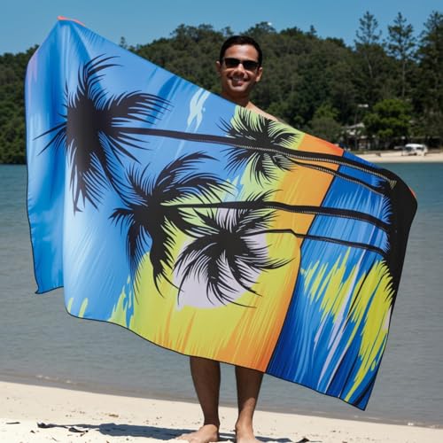 Oversized Microfiber Beach Towel Thin 2 Pcs, Pink Blue Sunset Seaside Double Sided Towel, Large Sand Free Quick Dry Soft Swim Absorbent Compat Towels for Adult Women Men, Summer Swim Holiday, 35"x71"