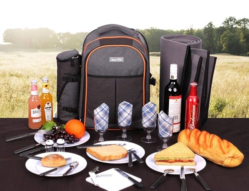 Hap Tim Picnic Basket Backpack for 4 Person with Insulated Cooler Compartment, Wine Holder, Fleece Blanket, Cutlery Set, Engagement Gifts for Couples, Bridal Shower Gift, Wedding Gifts(36021) - color: Dark Grey, size: 4 Person