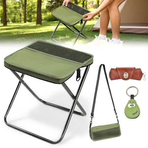 Portable Ultralight Collapsible Camping Stool,Stool Folding Chair,Lightweight Handy Fishing Stool 350 LB,Backpack Pocket Stool for Hiking Picnic Travel with Sunglass Bag and Magnetic Hat Clip - color: Green+large