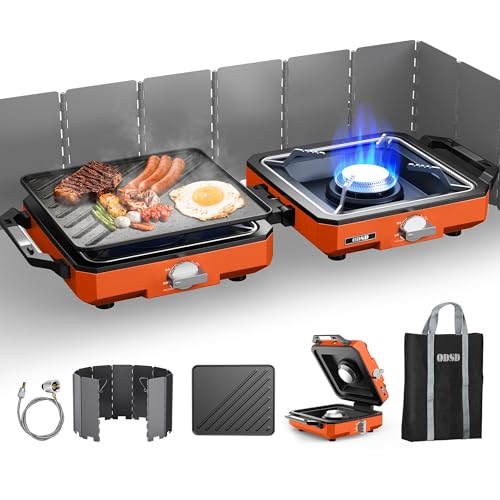 ODSD 2 Burner Camping Stove with Windshield, 20000 BTU Propane Camp Stove, Portable Folding Gas Stove, Camping Essentials Gear Includes Frying Pan, Coffee Stand & Carry Bag, Orange - color: Orange