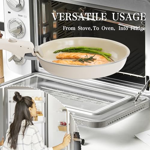 Ceramic Cookware Set - Kitchen Cookware Sets Detachable Handle Pots and Pans With Removable Handles Nonstick Frying Pans for Cooking Pot Set Nonstick Non Toxic Camping Cookware for RV Travel Gift - color: Light Brown