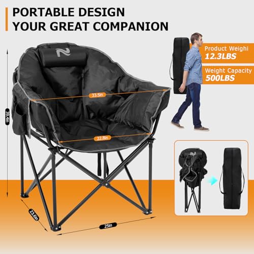 LILYPELLE Oversized Heated Camping Chair, Patio Lounge Chairs with 3 Heat Levels, Portable Folding Heated Chair Round Moon Saucer Folding Lawn Chair Outdoor Chair for Camping, Lounge Patio - color: Coal-black, style: Heated Moon Chair