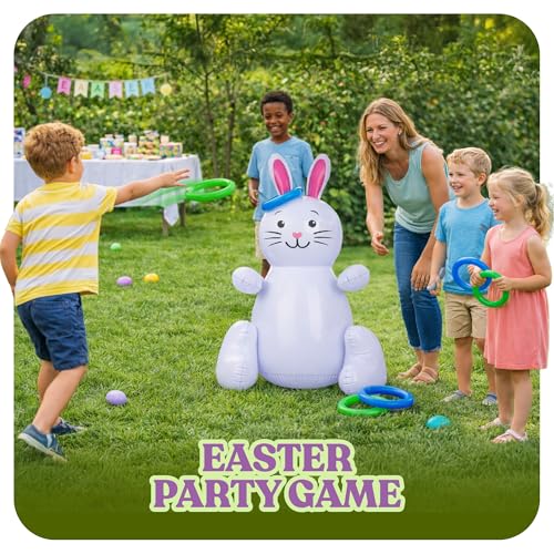30" Easter Bunny Inflatable Ring Toss Game - Easter Games for Kids with 6 Rings - Weighted Bottom to Keep Inflatable Rabbit Upright - Family Outdoor Easter Party Games for Kids and Adults