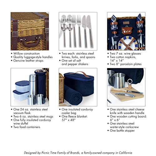 PICNIC TIME Romantic Canterbury Deluxe Wicker Picnic Basket Set for 2, with Blanket and Soft Cooler, One Size, Navy With Plaid