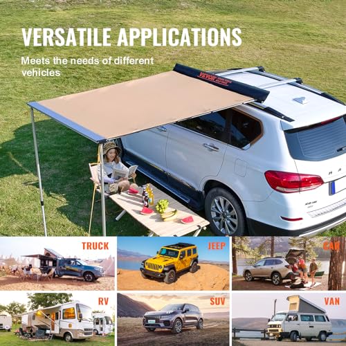VEVOR Vehicle Awning 4.6'x6.6' Roof Rack Pull-Out Sun Shade UV50+ PU3000mm, Retractable Weatherproof 4x4 Side Awning for SUV Outdoor Camping & Overland (Hardware Included), w/Waterproof Storage Bag - color: Khaki 4.6X6.6ft Car Awning
