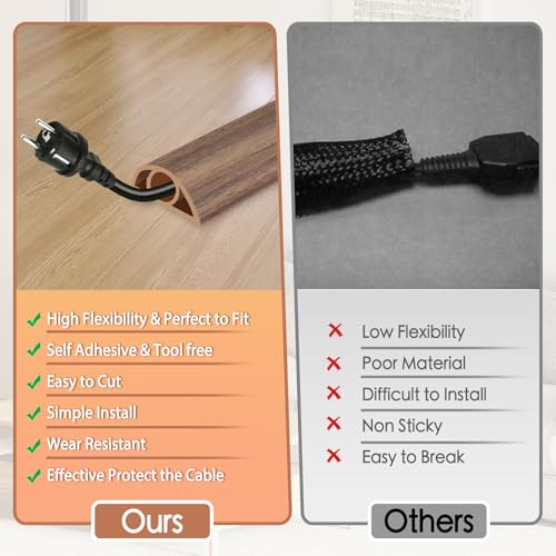 Floor Cord Cover for Wires on Floor Self Adhesive Cord Hider Floor Cable Management Wire Covers for Cords Protector Prevent Cable Trips Cord Cavity W 0.32" x H 0.32", Misty Brown Wood, 20Ft - color: Misty Brown Wood, size: 0.78 In x 20 Ft