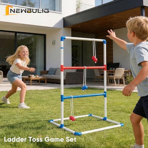 NEWBULIG Ladder Toss Game, Ladderball Golf Set with Tossing Balls, Ladder Ball Games for Outdoor Lawn, Yard & Backyard for Family, Adults & Kids, Complete with 6 Bolas, Score Trackers & Carry Bag - color: White&Red